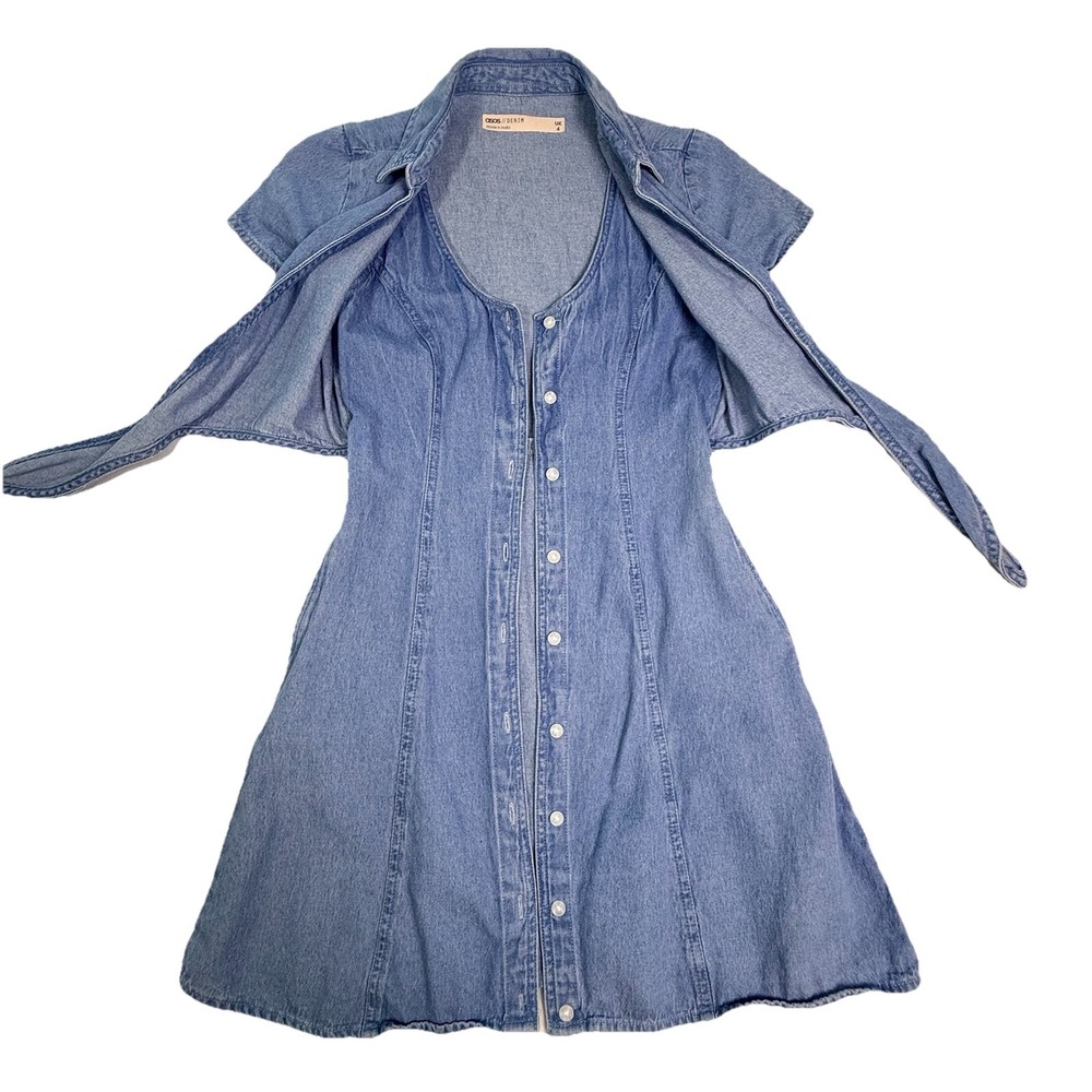 ASOS Denim Tie-Front Mini Dress 100% Cotton US size 0 Cottagecore Western Summer - Picture 3 of 16